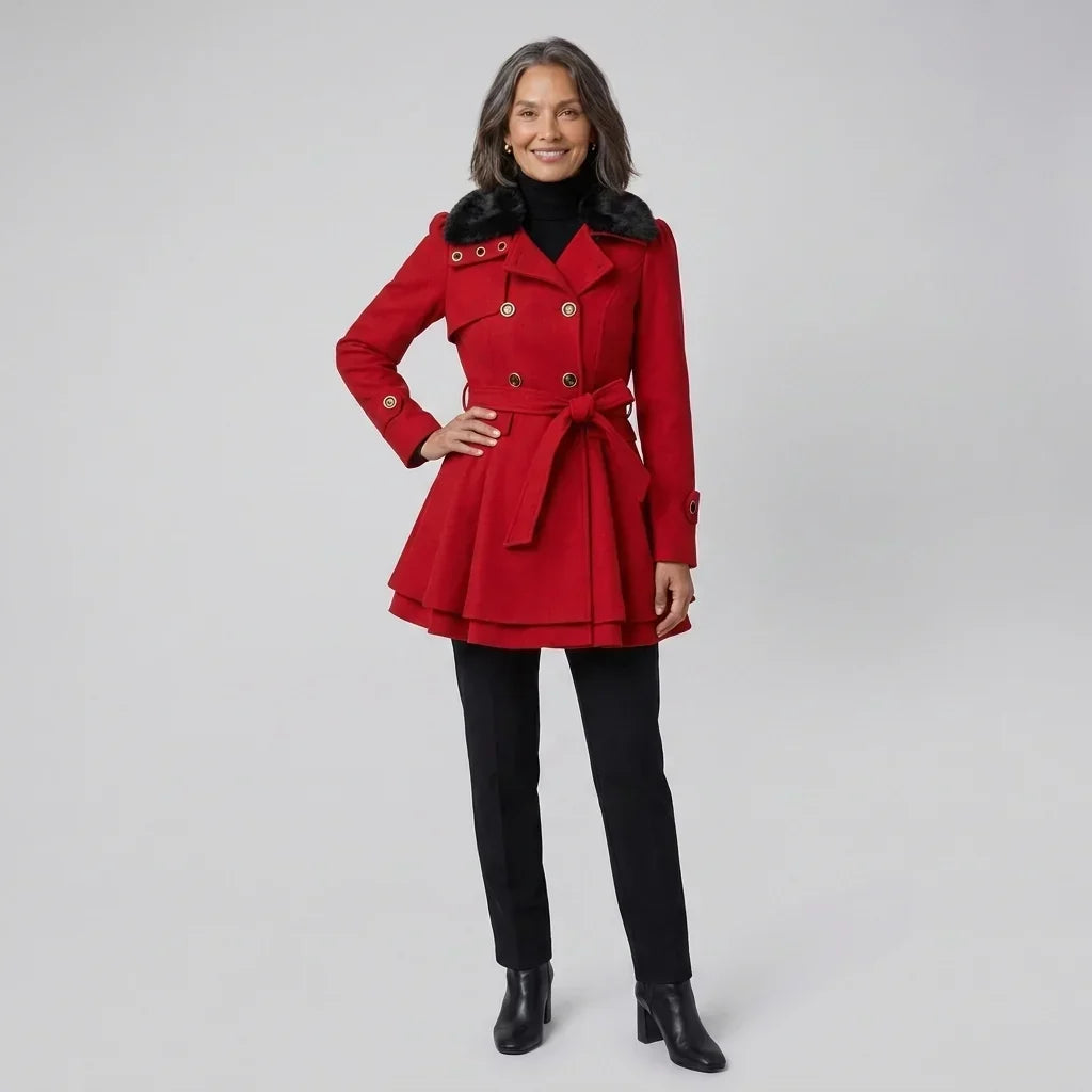 Elegant Winter Trench Coat for Women with Faux Fur Collar Long Sleeve Double Breasted Belted Fit and Flare Style