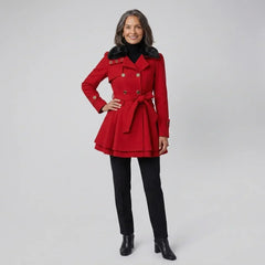 Elegant Winter Trench Coat for Women with Faux Fur Collar Long Sleeve Double Breasted Belted Fit and Flare Style
