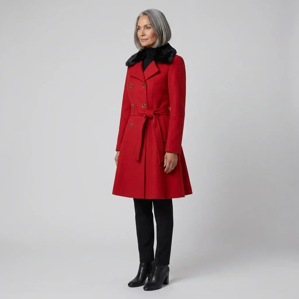 Elegant Winter Trench Coat for Women with Faux Fur Collar Long Sleeve Double Breasted Belted Fit and Flare Style