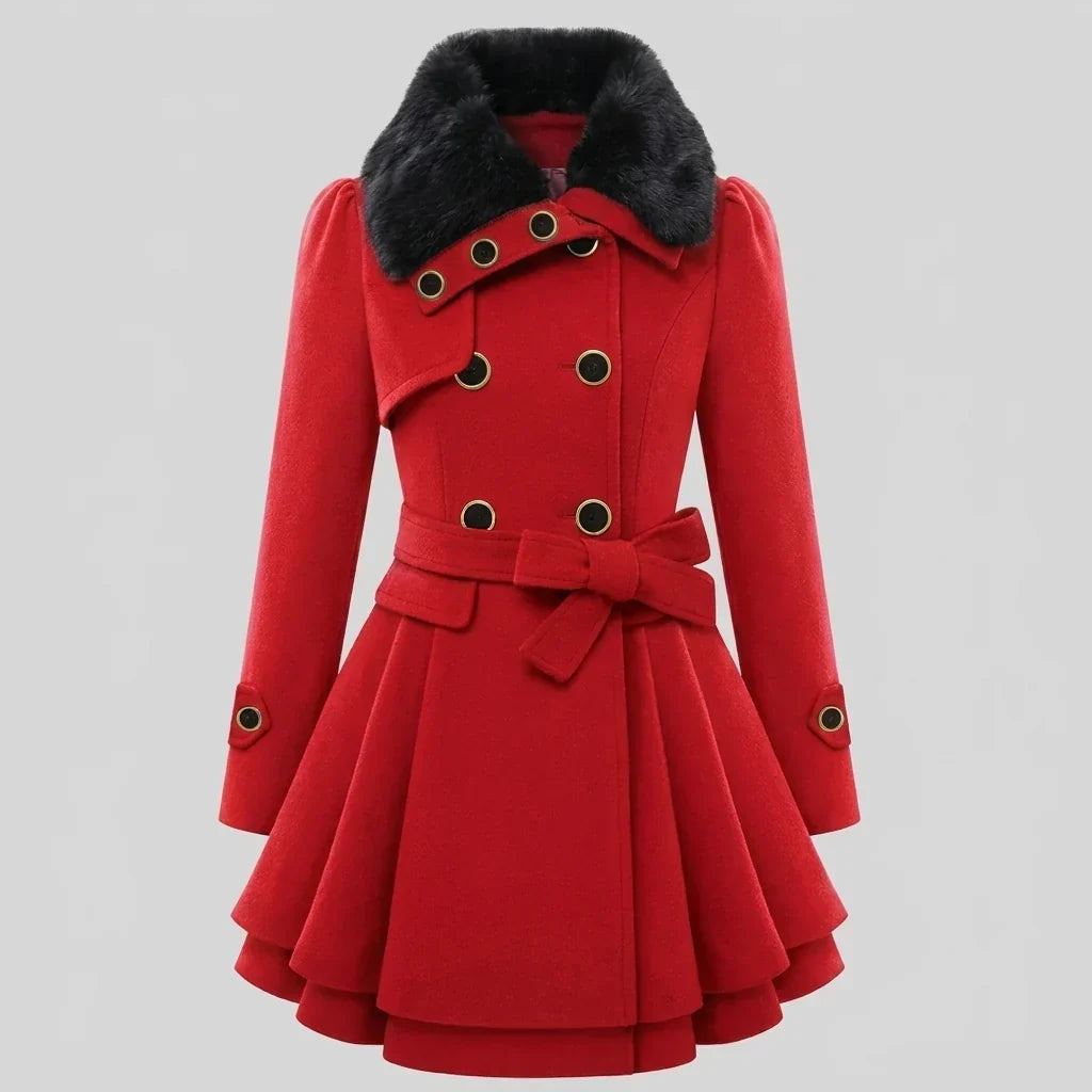 Elegant Winter Trench Coat for Women with Faux Fur Collar Long Sleeve Double Breasted Belted Fit and Flare Style