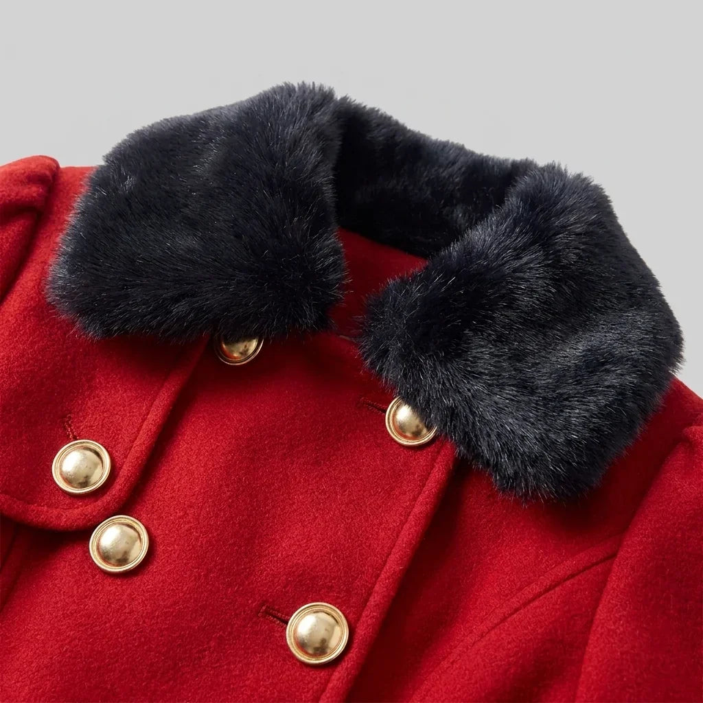 Elegant Winter Trench Coat for Women with Faux Fur Collar Long Sleeve Double Breasted Belted Fit and Flare Style
