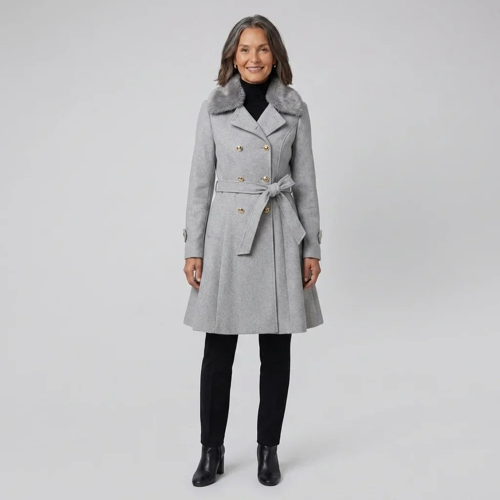 Elegant Winter Trench Coat for Women with Faux Fur Collar Long Sleeve Double Breasted Belted Fit and Flare Style