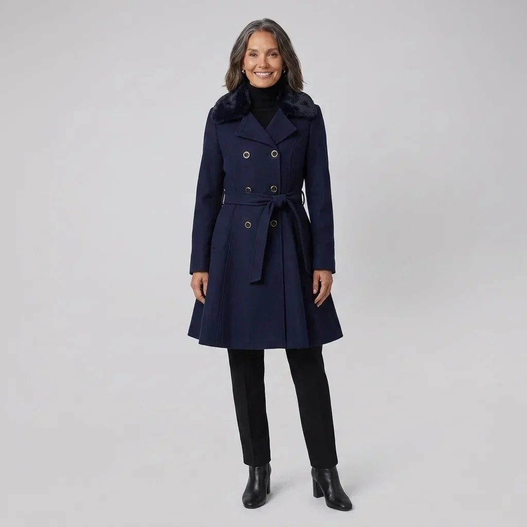 Elegant Winter Trench Coat for Women with Faux Fur Collar Long Sleeve Double Breasted Belted Fit and Flare Style