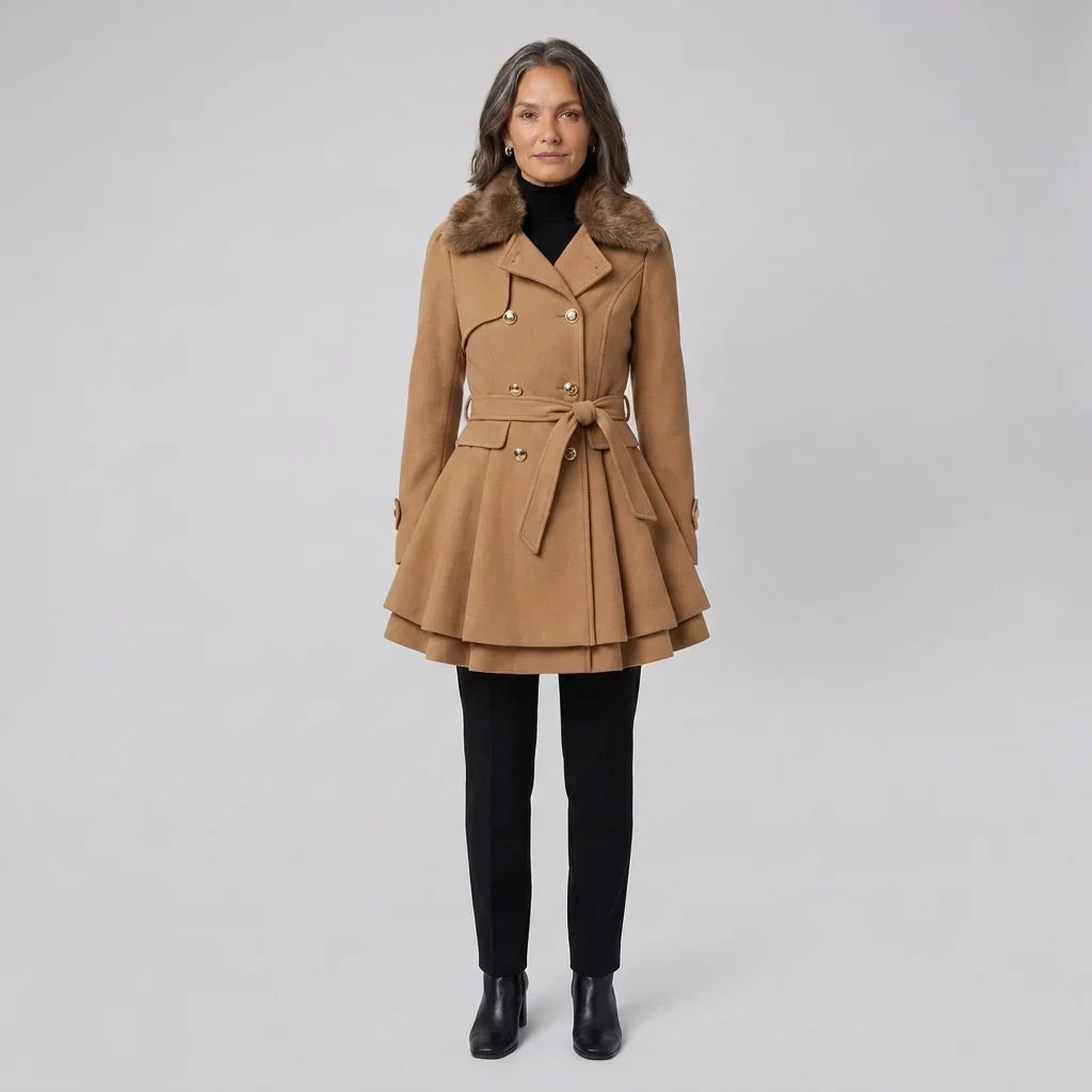 Elegant Winter Trench Coat for Women with Faux Fur Collar Long Sleeve Double Breasted Belted Fit and Flare Style