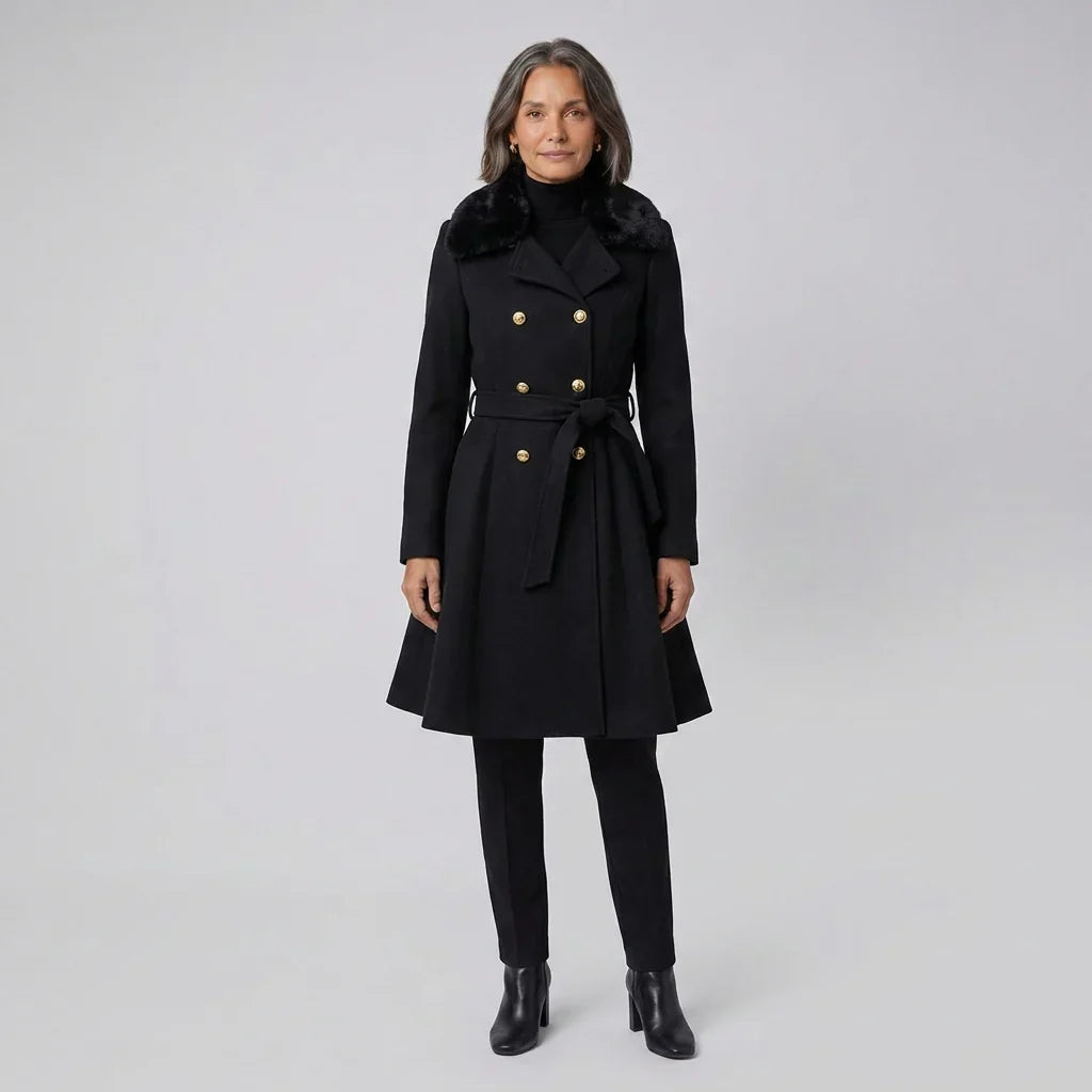 Elegant Winter Trench Coat for Women with Faux Fur Collar Long Sleeve Double Breasted Belted Fit and Flare Style