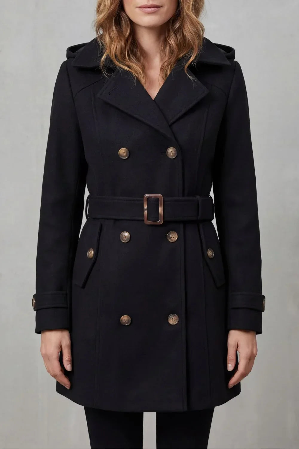Cozy Winter Trench Coat for Women with Hooded Collar Long Sleeve Double Breasted Belted Style