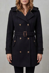 Cozy Winter Trench Coat for Women with Hooded Collar Long Sleeve Double Breasted Belted Style