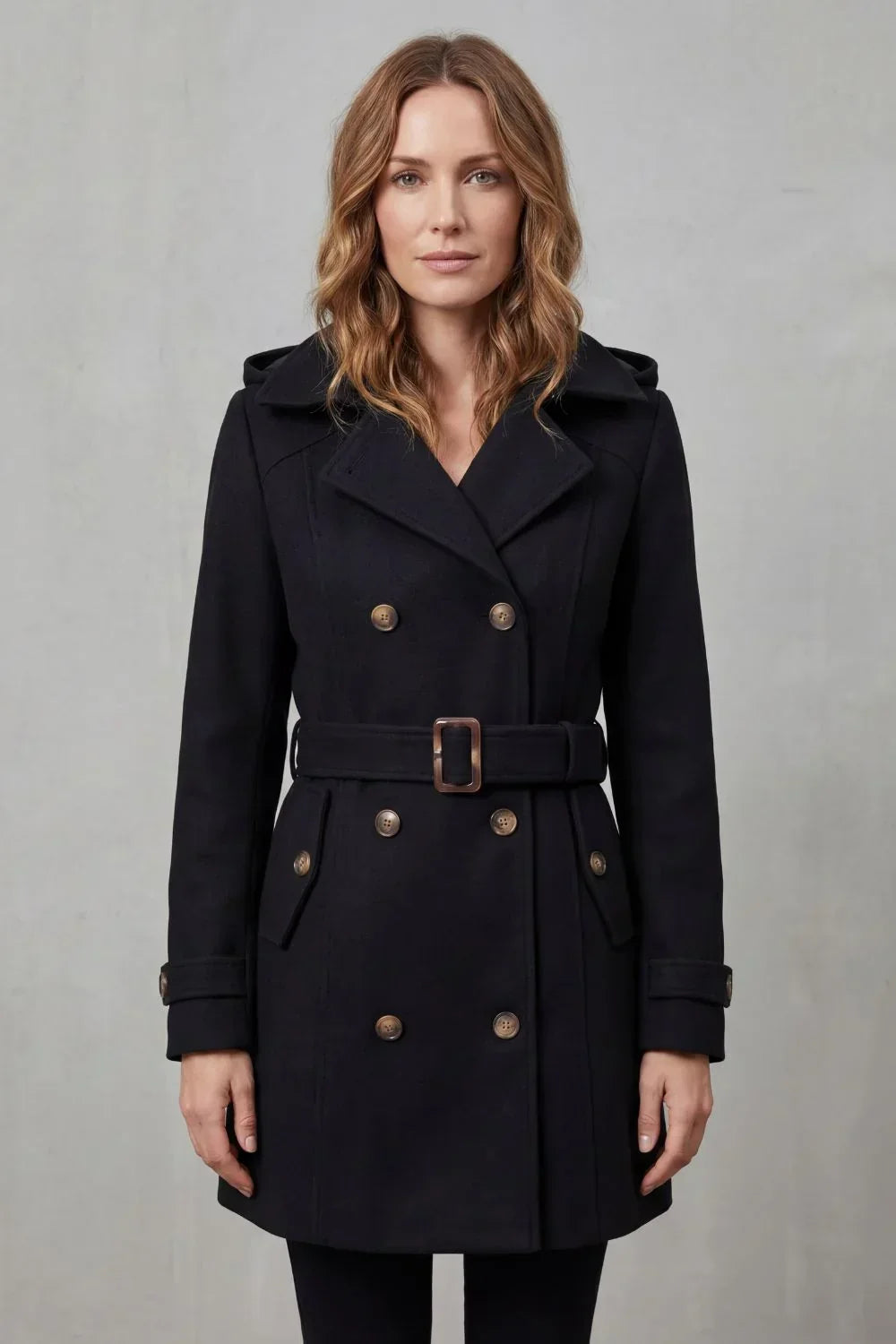 Cozy Winter Trench Coat for Women with Hooded Collar Long Sleeve Double Breasted Belted Style