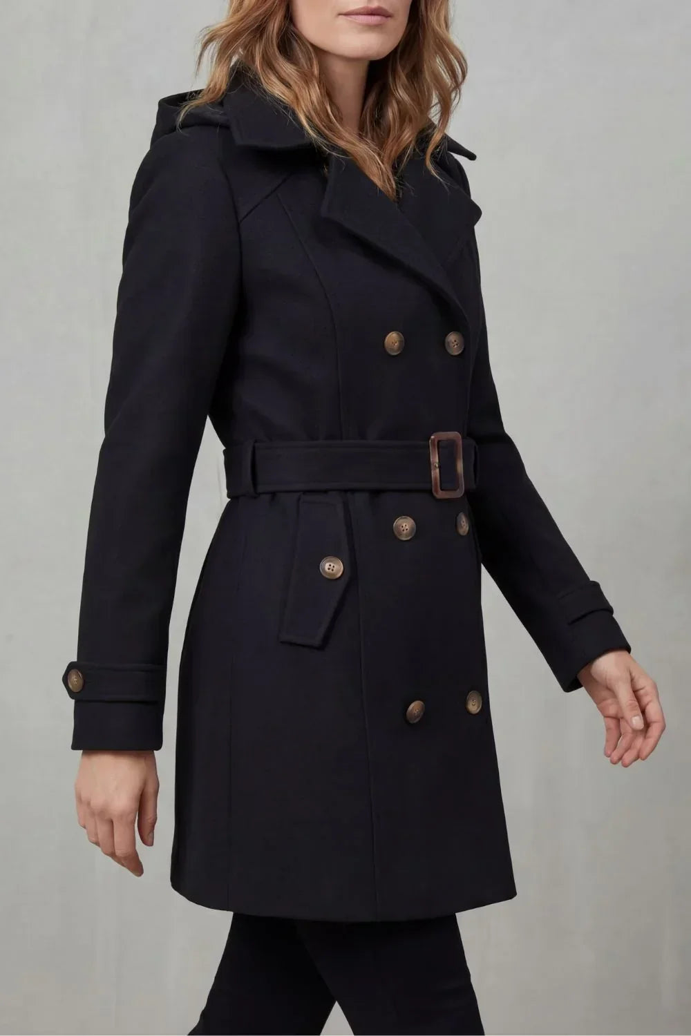 Cozy Winter Trench Coat for Women with Hooded Collar Long Sleeve Double Breasted Belted Style