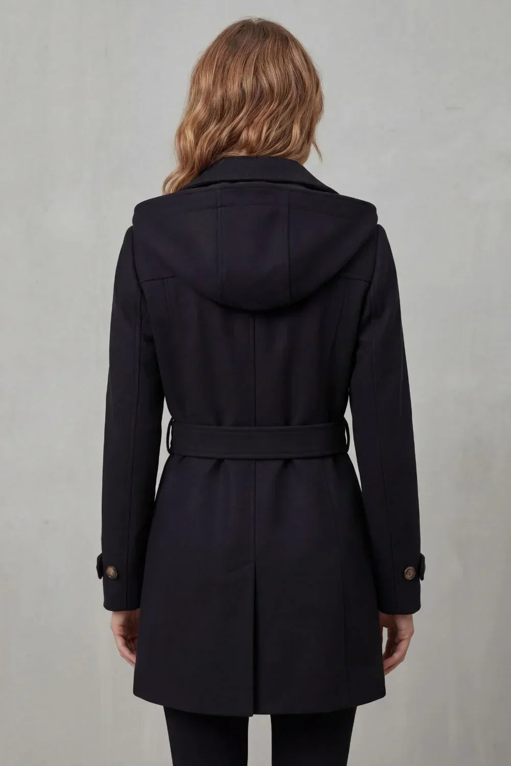 Cozy Winter Trench Coat for Women with Hooded Collar Long Sleeve Double Breasted Belted Style