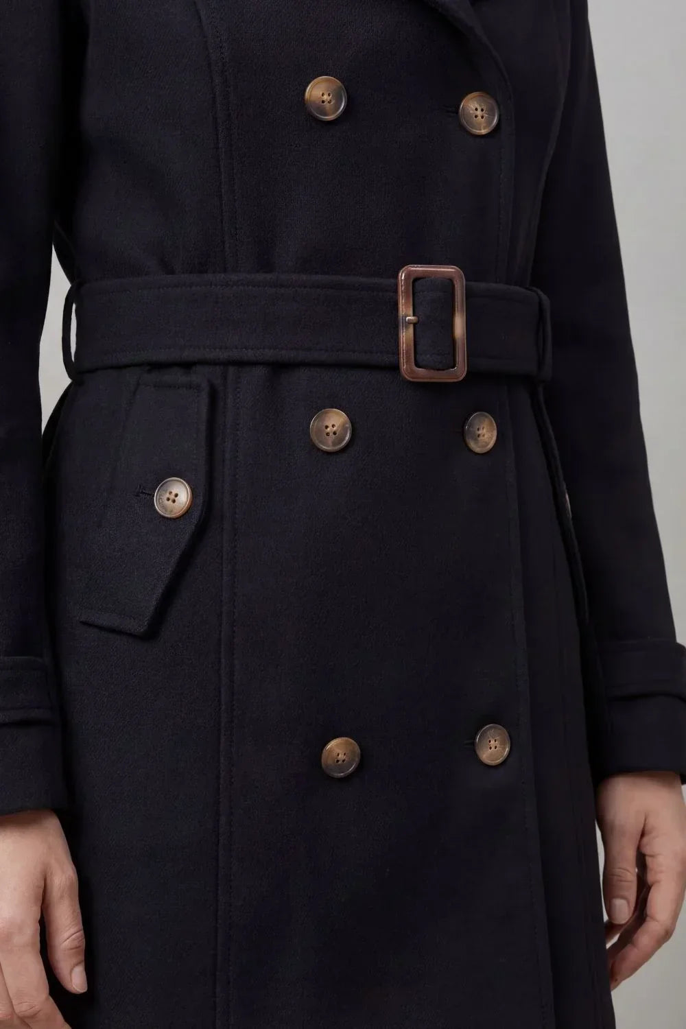 Cozy Winter Trench Coat for Women with Hooded Collar Long Sleeve Double Breasted Belted Style
