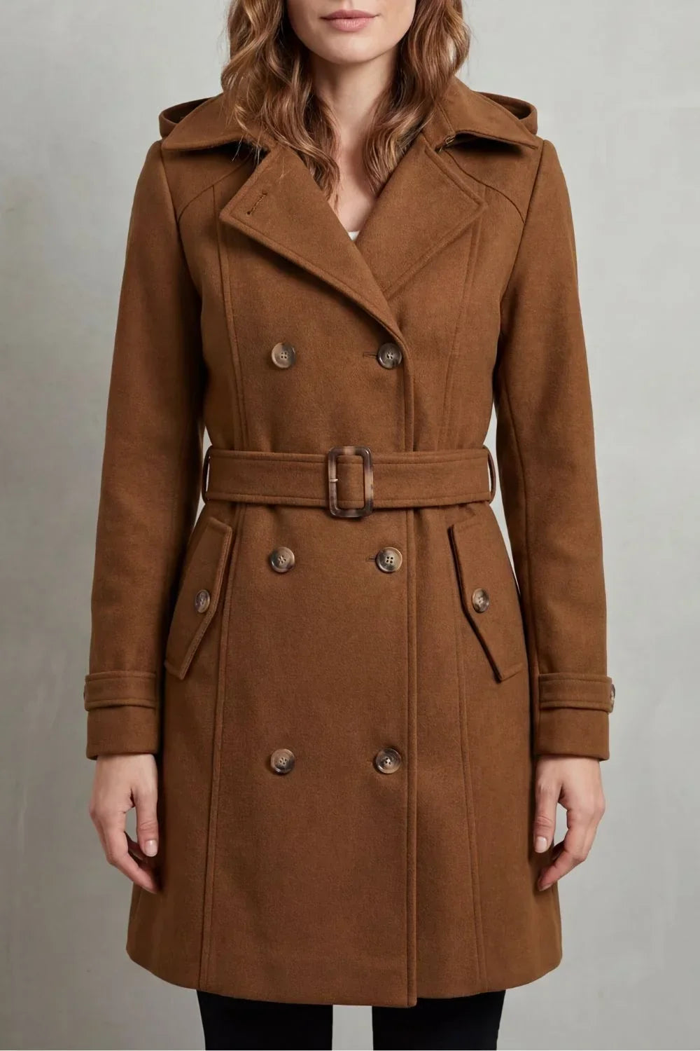 Cozy Winter Trench Coat for Women with Hooded Collar Long Sleeve Double Breasted Belted Style