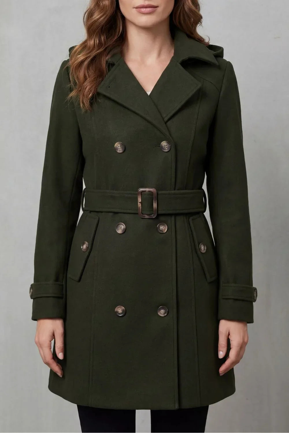 Cozy Winter Trench Coat for Women with Hooded Collar Long Sleeve Double Breasted Belted Style