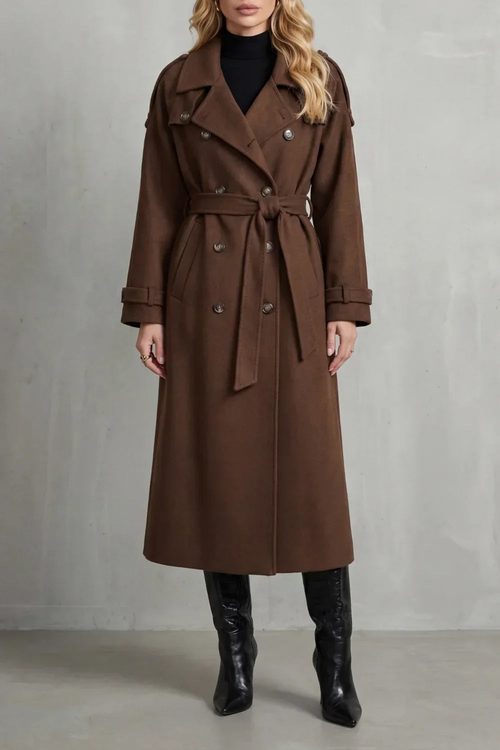 Effortless Brown Winter Trench Coat for Women with Notched Lapel Long Sleeve Double Breasted Oversized Style