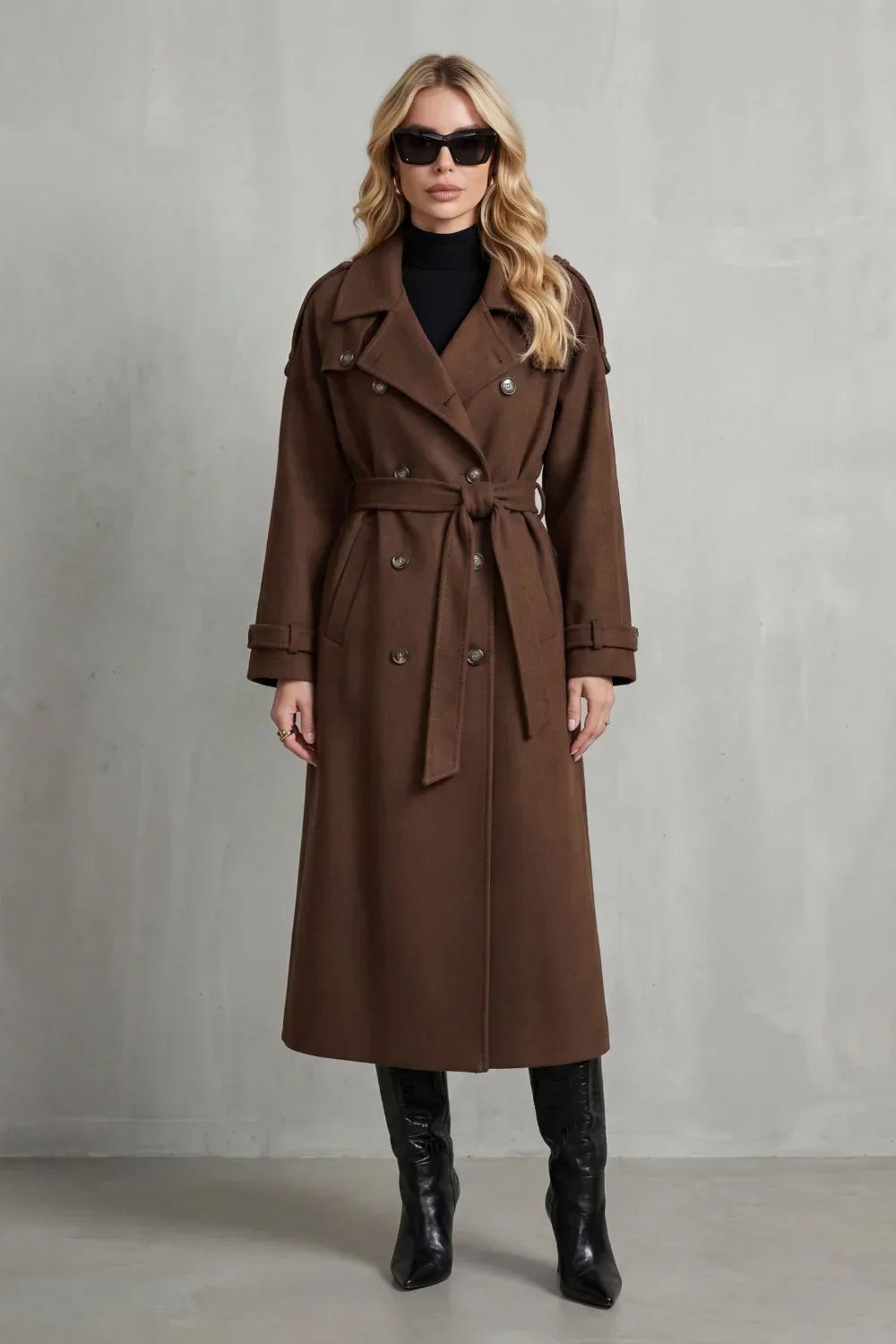 Effortless Brown Winter Trench Coat for Women with Notched Lapel Long Sleeve Double Breasted Oversized Style