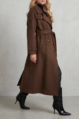 Effortless Brown Winter Trench Coat for Women with Notched Lapel Long Sleeve Double Breasted Oversized Style