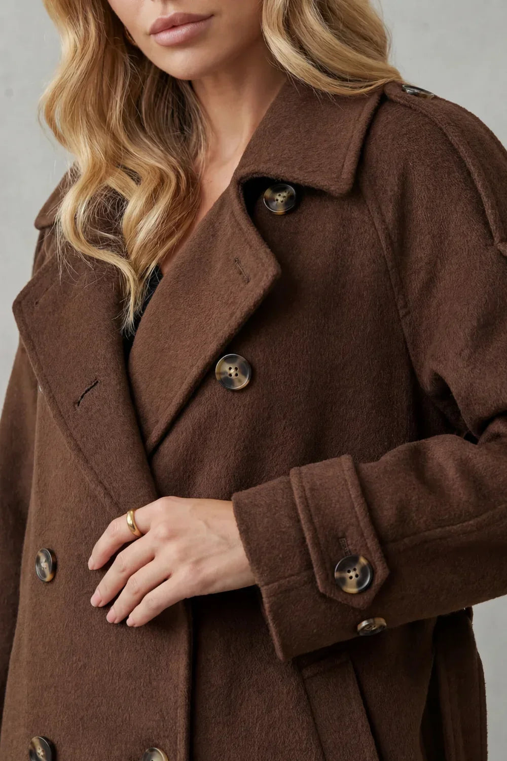 Effortless Brown Winter Trench Coat for Women with Notched Lapel Long Sleeve Double Breasted Oversized Style