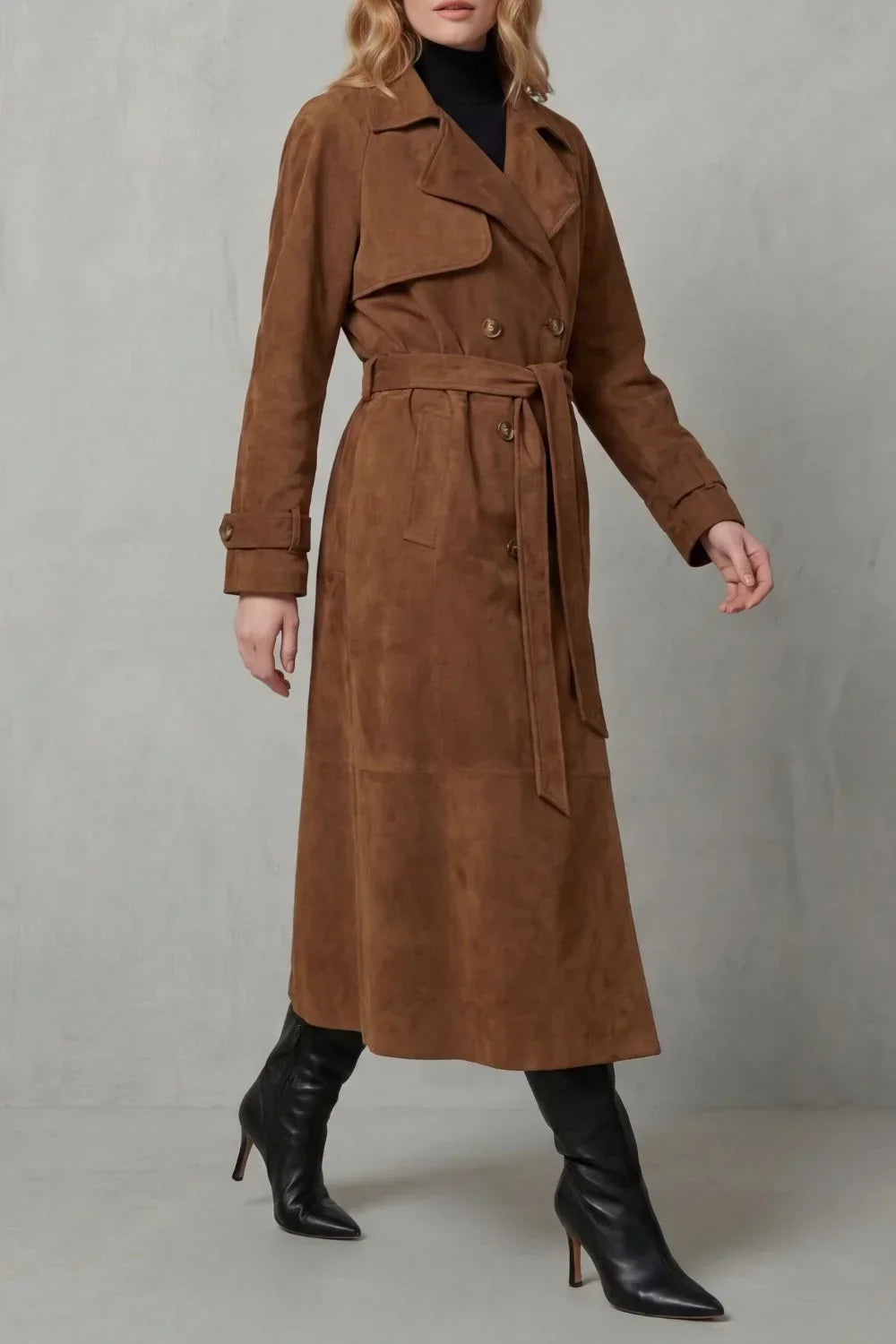 Cozy Brown Suede Trench Coat for Women with Notched Lapel Long Sleeve Double Breasted Belted Style