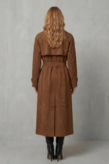 Cozy Brown Suede Trench Coat for Women with Notched Lapel Long Sleeve Double Breasted Belted Style