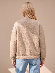 Cozy Beige Quilted Bomber Jacket for Women with Stand Collar Long Sleeve Zip Winter Style