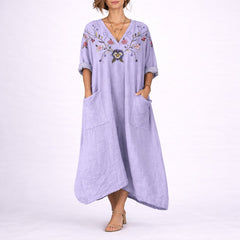 Elegant Purple Dress for Women with V Neck Long Sleeve Floral Embroidered Kaftan Bohemian Style