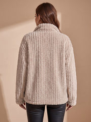 Cozy Beige Sherpa Fleece Jacket for Women with Collar Long Sleeve Button Front Oversized Style