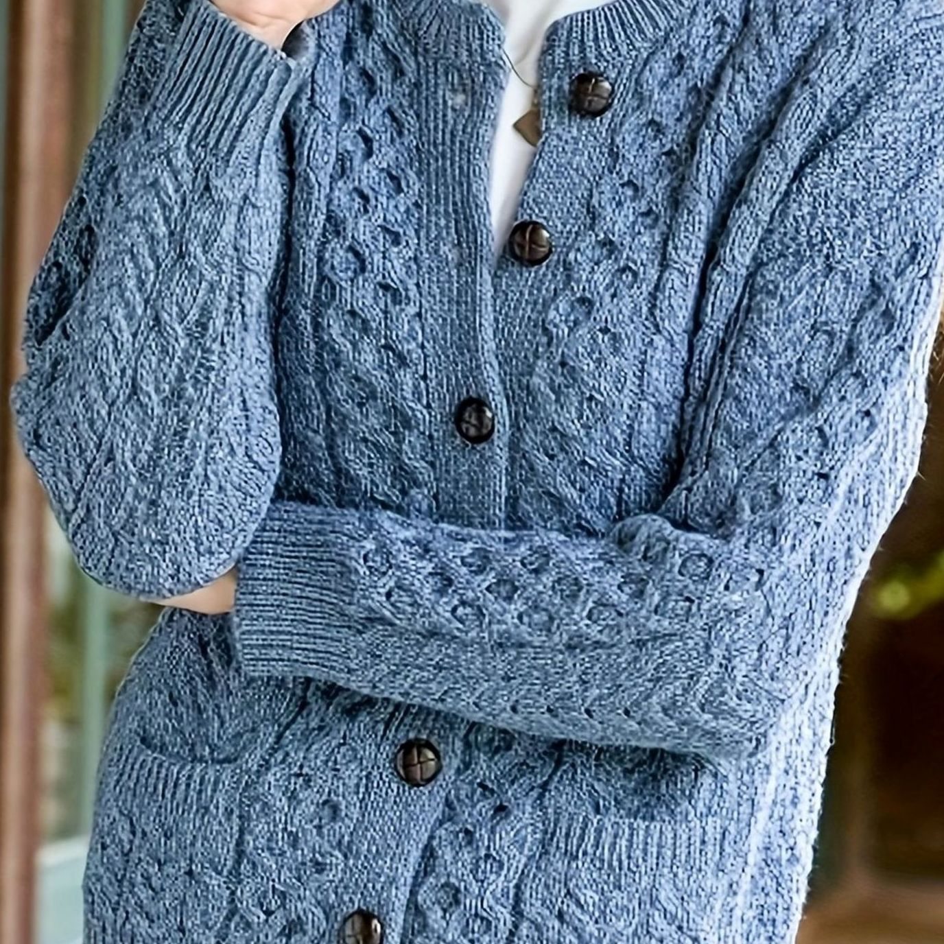 Cozy Chunky Cable Knit Cardigan for Women with Round Neck Long Sleeve Button Front Relaxed Style