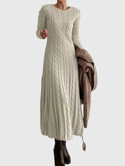 Elegant Cable Knit Sweater Dress for Women with Round Neck Long Sleeve Fitted Maxi Style