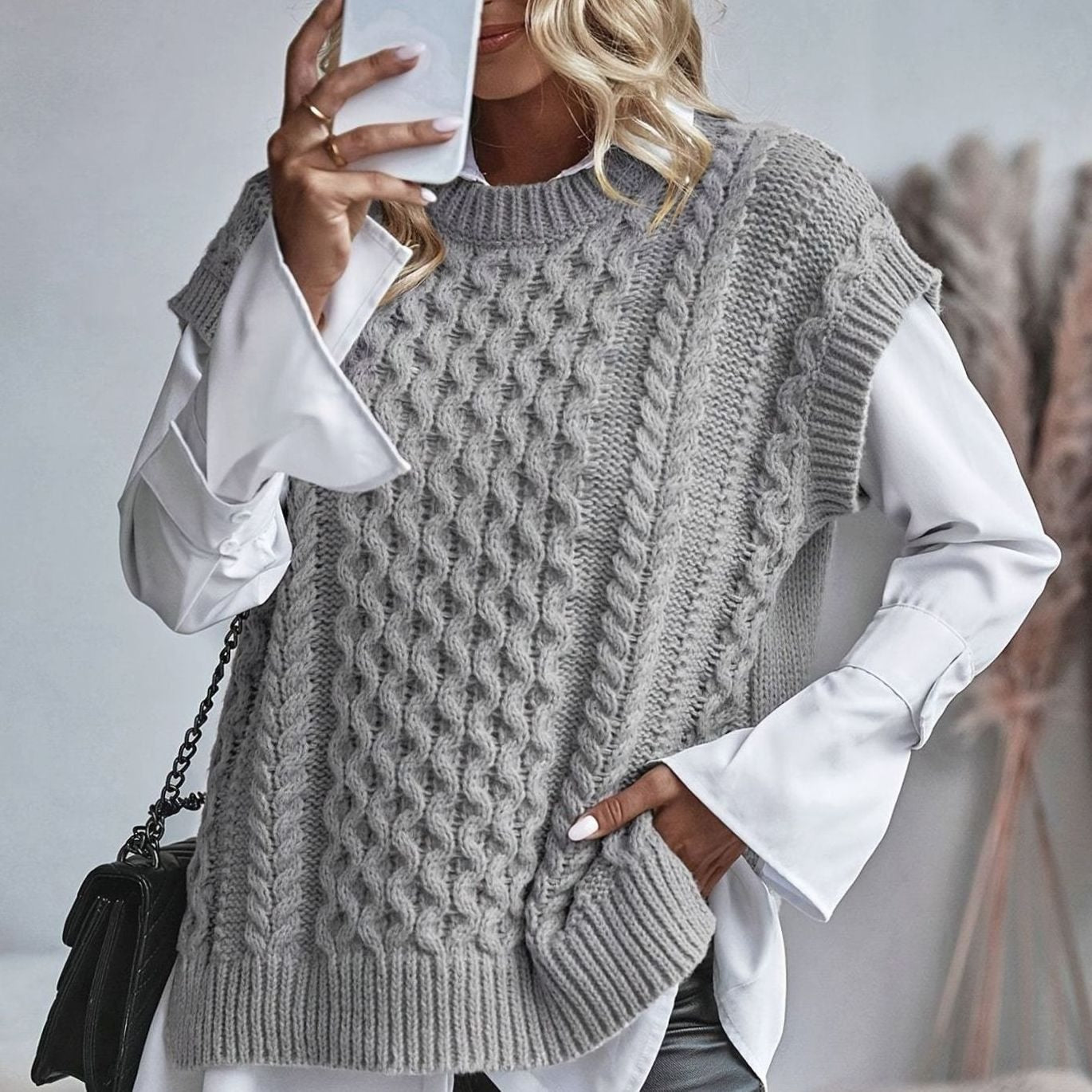 Cozy Cable Knit Sweater Vest for Women with Crew Neck Sleeveless Longline Relaxed Style