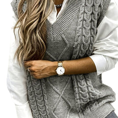 Cozy Cable Knit Sweater Vest for Women with V Neck Sleeveless Relaxed Oversized Style