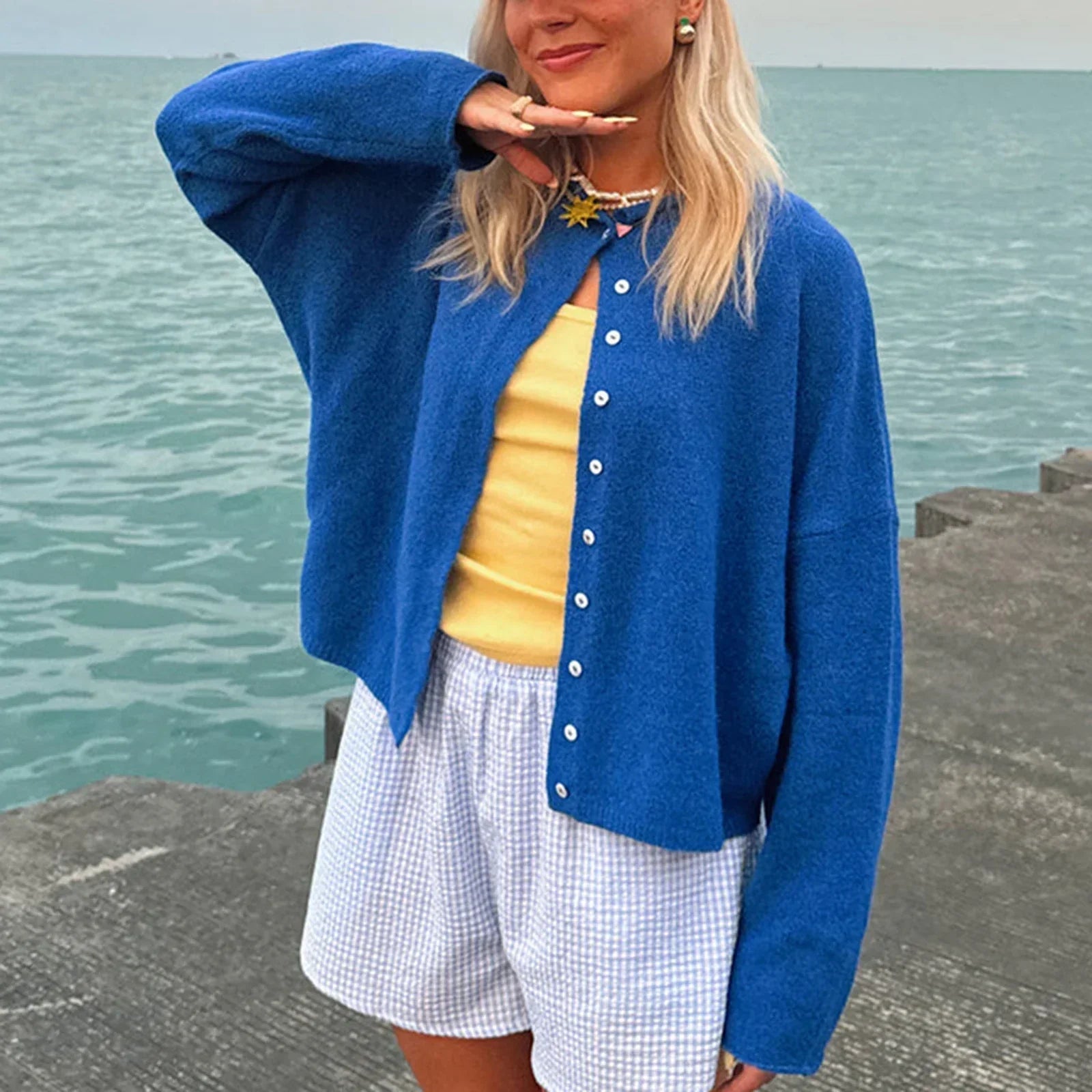 Comfortable Knit Cardigan for Women with Collar Long Sleeve Button Front Dropped Shoulder Relaxed Style