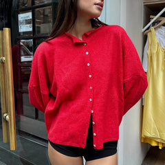 Comfortable Knit Cardigan for Women with Collar Long Sleeve Button Front Dropped Shoulder Relaxed Style