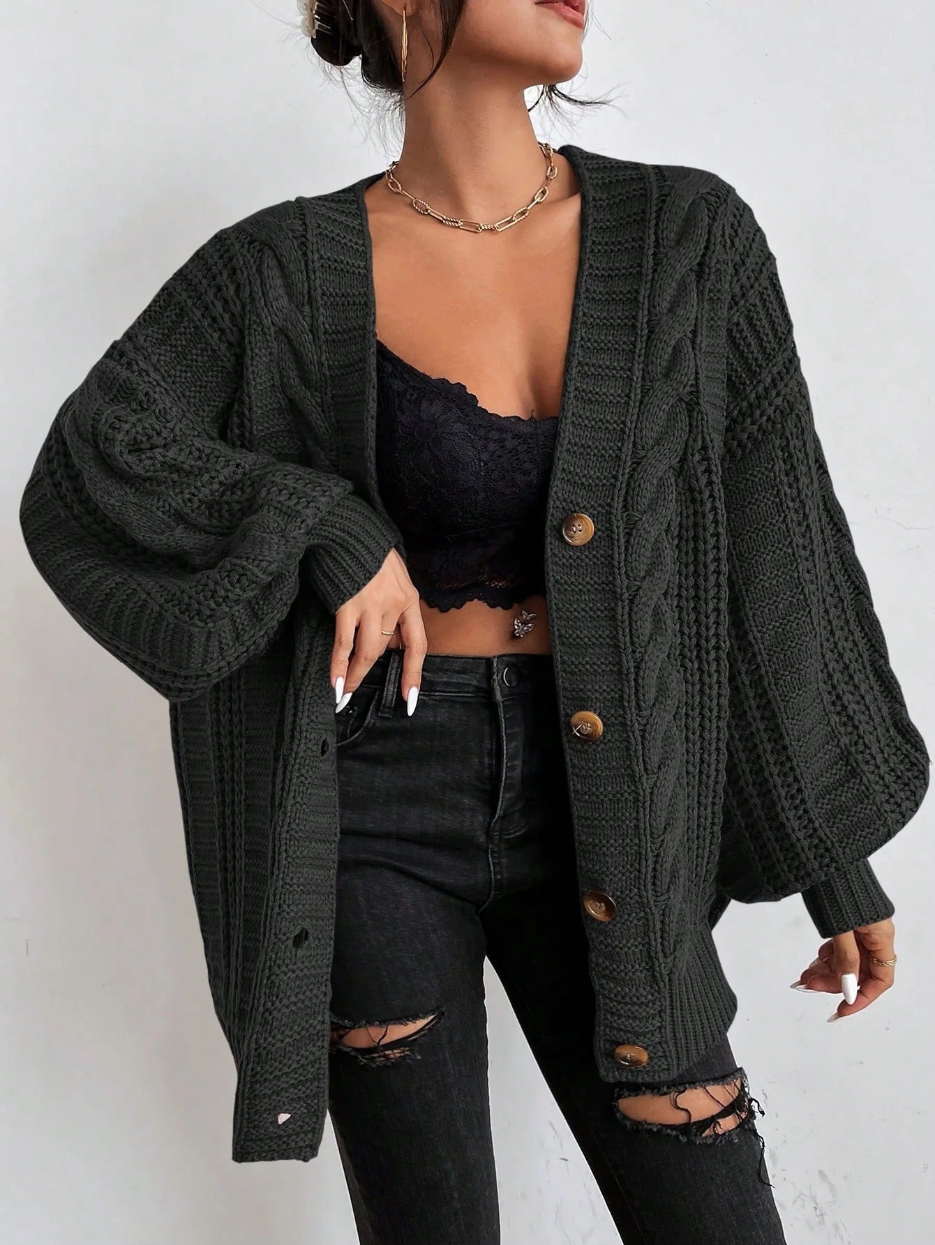 Cozy Cable Knit Cardigan for Women with V Neck Long Sleeve Button Front Oversized Style