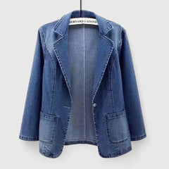 Chic Blue Denim Jacket for Women with Notched Lapel Long Sleeve Single Button Blazer Style