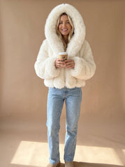 Cozy White Faux Fur Jacket for Women with Hooded Collar Long Sleeve Fluffy Cropped Zip Style