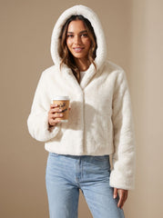 Cozy White Faux Fur Jacket for Women with Hooded Collar Long Sleeve Fluffy Cropped Zip Style