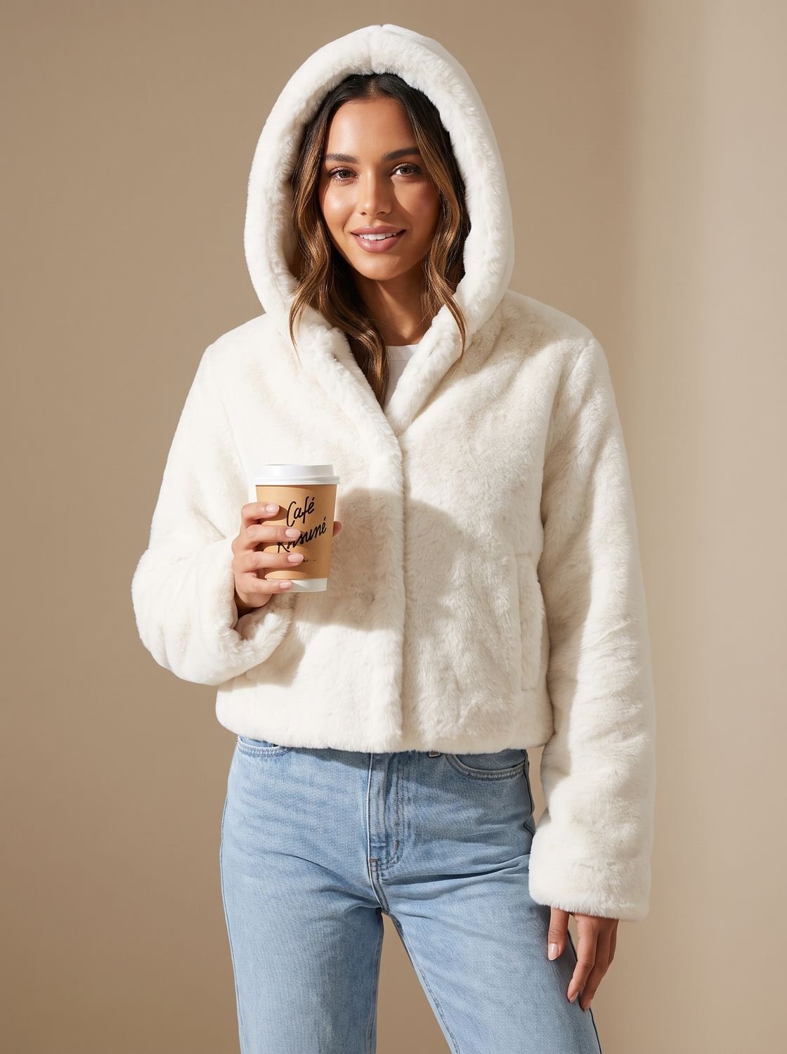 Cozy White Faux Fur Jacket for Women with Hooded Collar Long Sleeve Fluffy Cropped Zip Style