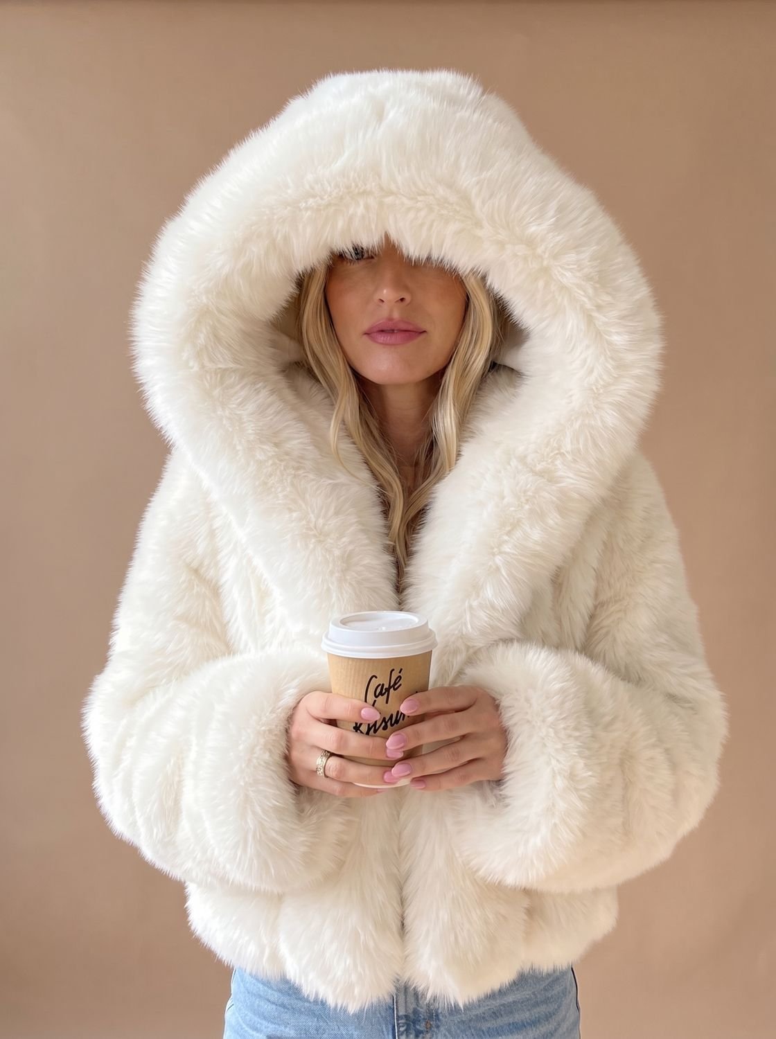 Cozy White Faux Fur Jacket for Women with Hooded Collar Long Sleeve Fluffy Cropped Zip Style