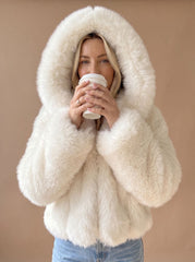 Cozy White Faux Fur Jacket for Women with Hooded Collar Long Sleeve Fluffy Cropped Zip Style