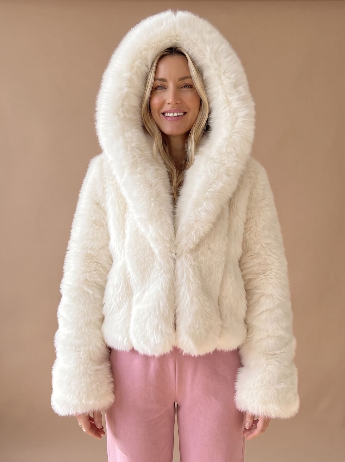 Cozy White Faux Fur Jacket for Women with Hooded Collar Long Sleeve Fluffy Cropped Zip Style