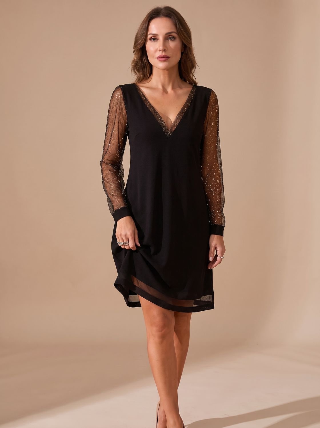 Elegant Glitter Cocktail Mini Dress for Women with V-Neck Long Sleeve Mesh Shift Holiday Party Style