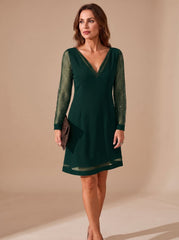 Elegant Glitter Cocktail Mini Dress for Women with V-Neck Long Sleeve Mesh Shift Holiday Party Style