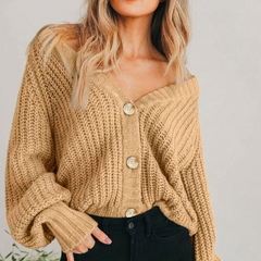 Cozy Chunky Cropped Cardigan for Women with V Neck Balloon Sleeve Button Front Oversized Style