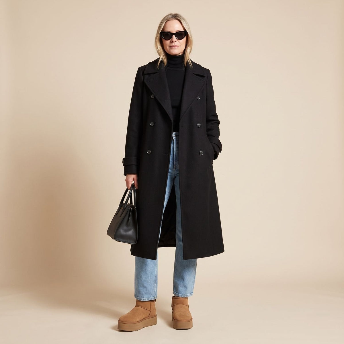 Elegant Navy Wool Trench Coat for Women with Double Breasted Belted Long Sleeve Longline Winter Style