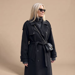 Elegant Navy Wool Trench Coat for Women with Double Breasted Belted Long Sleeve Longline Winter Style