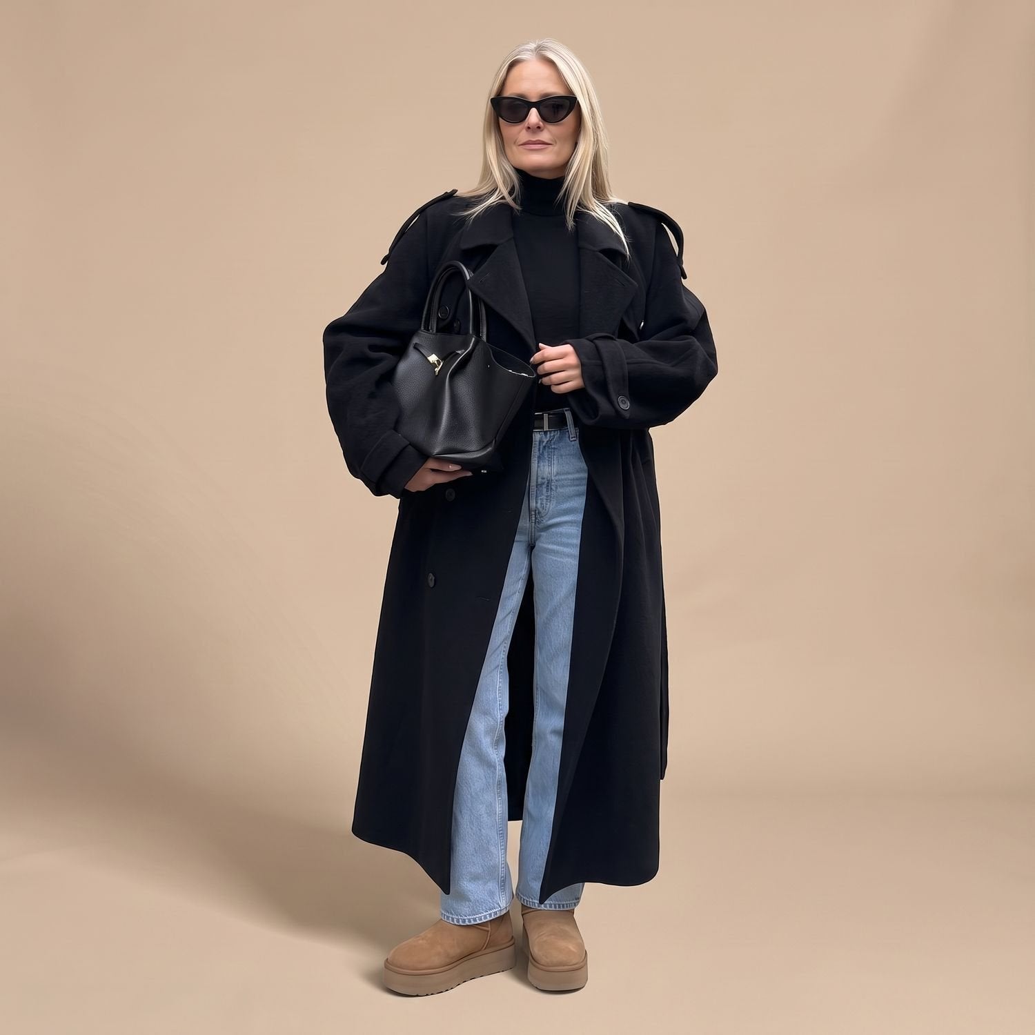 Elegant Navy Wool Trench Coat for Women with Double Breasted Belted Long Sleeve Longline Winter Style
