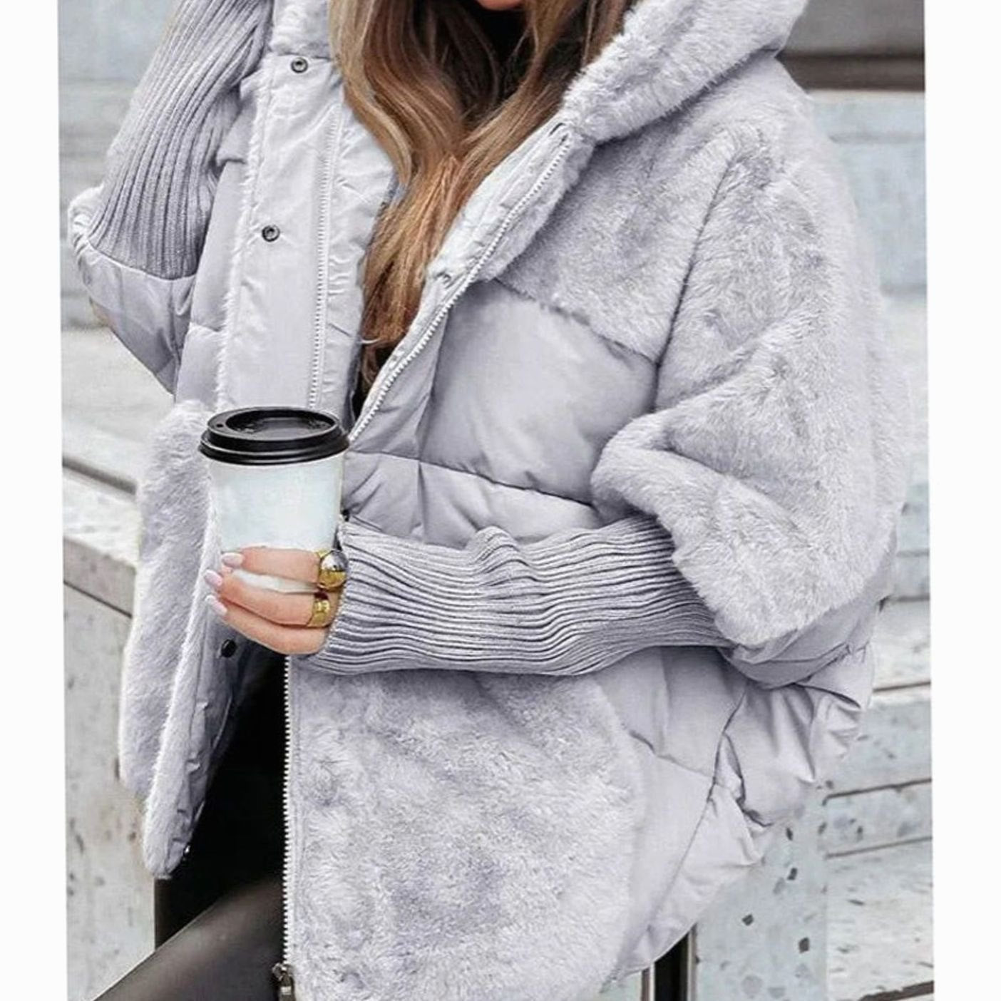 Cozy Winter Faux Fur Coat for Women with Hooded Collar Long Sleeve Quilted Puffer Oversized Style