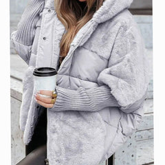 Cozy Winter Faux Fur Coat for Women with Hooded Collar Long Sleeve Quilted Puffer Oversized Style