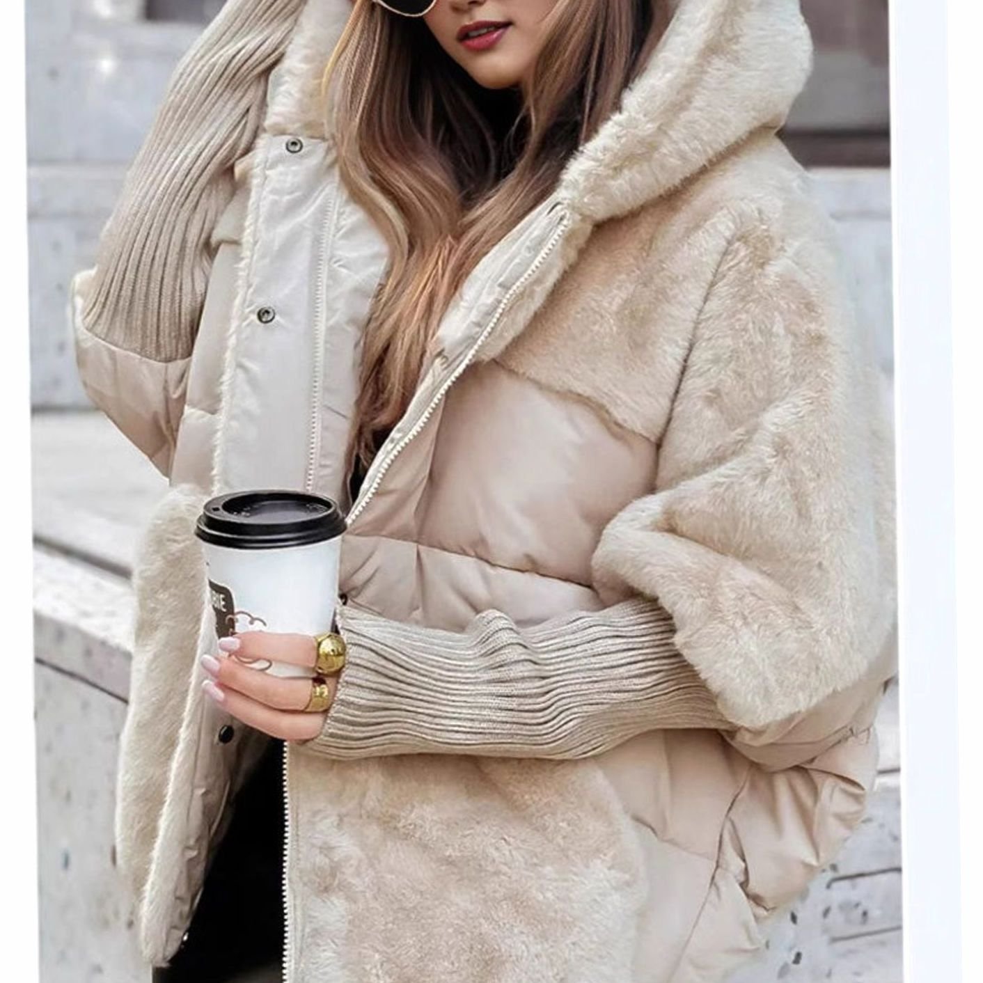 Cozy Winter Faux Fur Coat for Women with Hooded Collar Long Sleeve Quilted Puffer Oversized Style