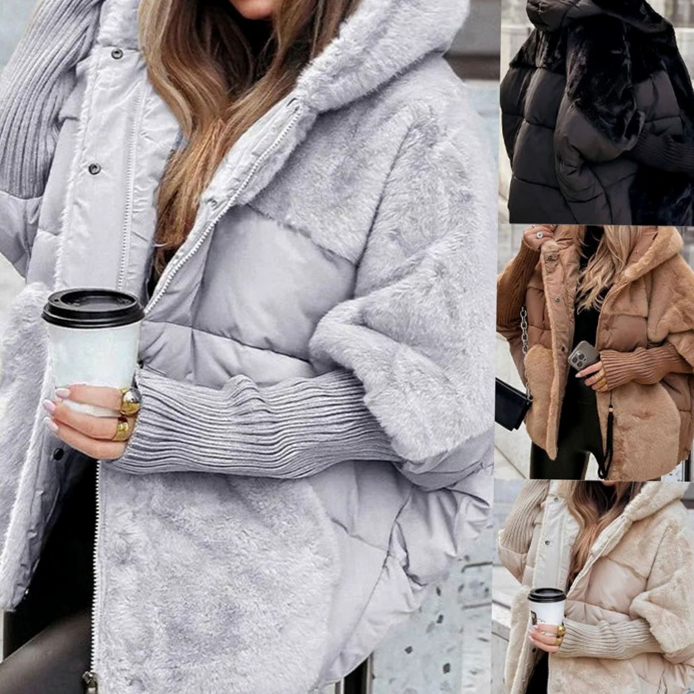 Cozy Winter Faux Fur Coat for Women with Hooded Collar Long Sleeve Quilted Puffer Oversized Style